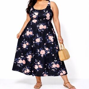 Torrid Size 1 Floral Midi Dress Navy Pink Rose Flowy Plus Size Cottagecore